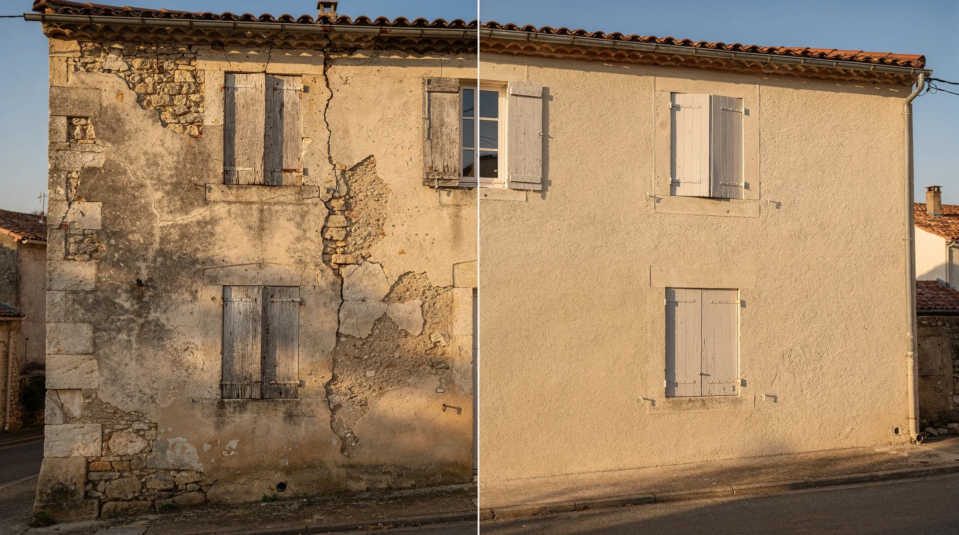 Façade de maison en cours de ravalement : moitié ancienne dégradée, moitié refaite à neuf