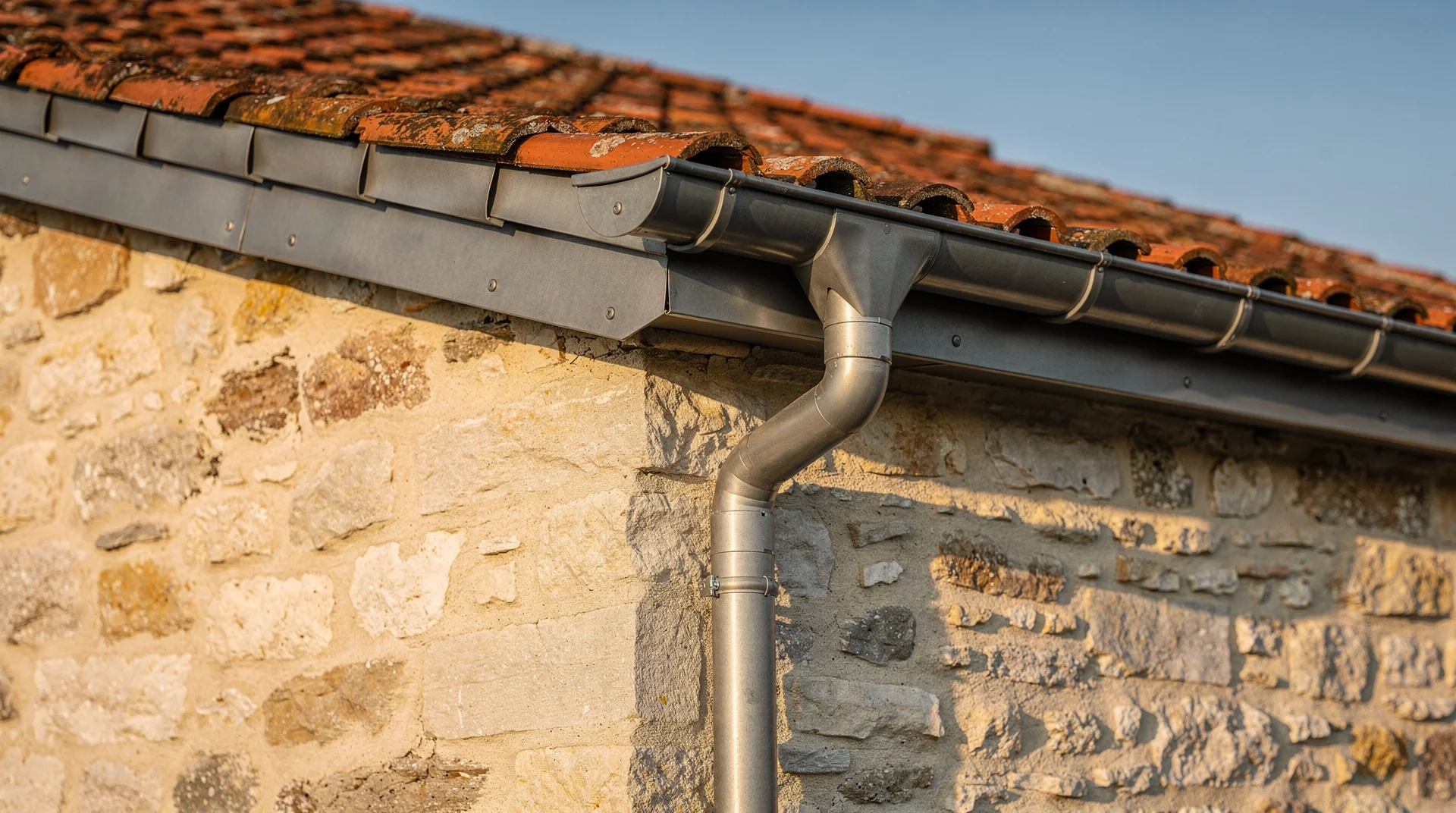Gouttière zinc neuve avec descente et soudures parfaites sur une maison de Haute-Garonne